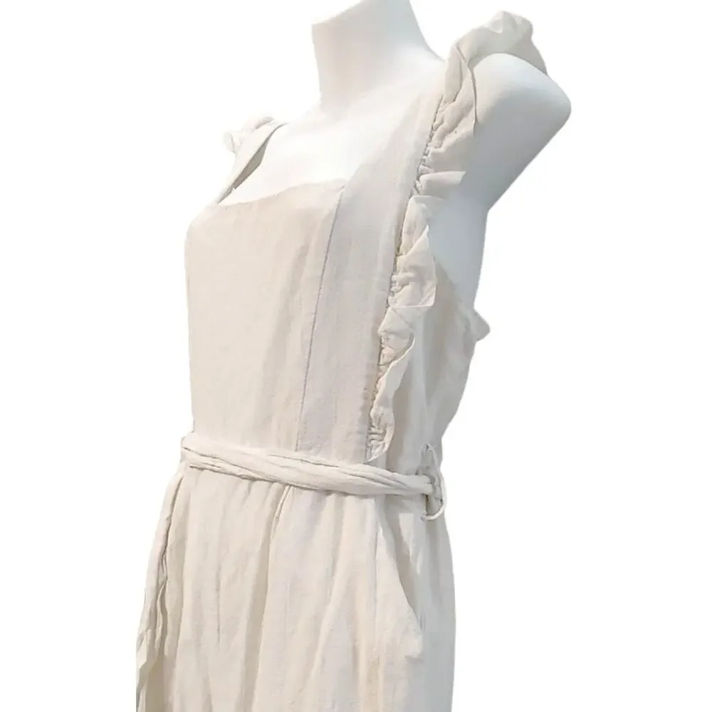 Saint + Secrets Linen Ruffle Apron Front Jumpsuit Tie Waist Soft White Womens L